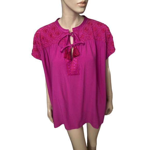 Johnny Was Calme Boho Double Tassel Top Embroidery Blouse L Raspberry Color - Picture 10 of 13
